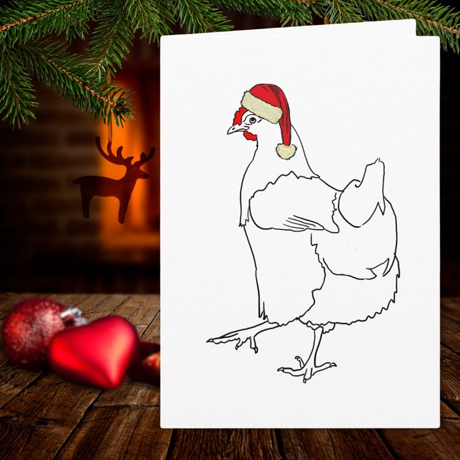 Weihnachtsgebäck niedlich zeichnend karte (Cute christmas chicken wearing a santa hat, simple farm hen line art drawing holiday greetings card)