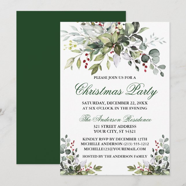 Weihnachtsgebäck Party Aquarell Grünpflanzen Berri Einladung (Vorne/Hinten)