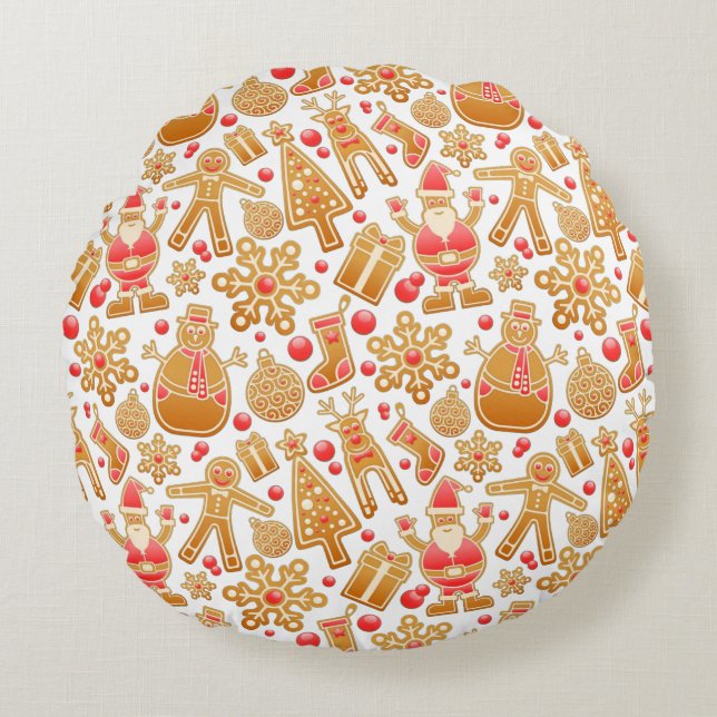 Weihnachtsgebäck & Snowman Gingerbrot Weihnachtske Rundes Kissen (Vorderseite)