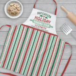 Weihnachtsgebäck Team Weihnachtskekse Party gestri Schürze<br><div class="desc">Feiern Sie gemeinsam auf der Zuhause in der Küche mit einer maßgeschneiderten, rot-grün gestreiften Holiday Baking Team Schürze. Der gesamte Text dieser Vorlage ist einfach anzupassen. Das Design besteht aus roten, grünen und weißen Streifen, niedlichen heiligen Blätter und Beeren, rollendem Button, Familienname und optionalem lustigen Titel. Fügen Sie eine lustige...</div>