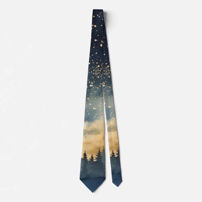 Weihnachtsgebirge Bäume Skyline Sterne Blau Grau Krawatte (Vorderseite)