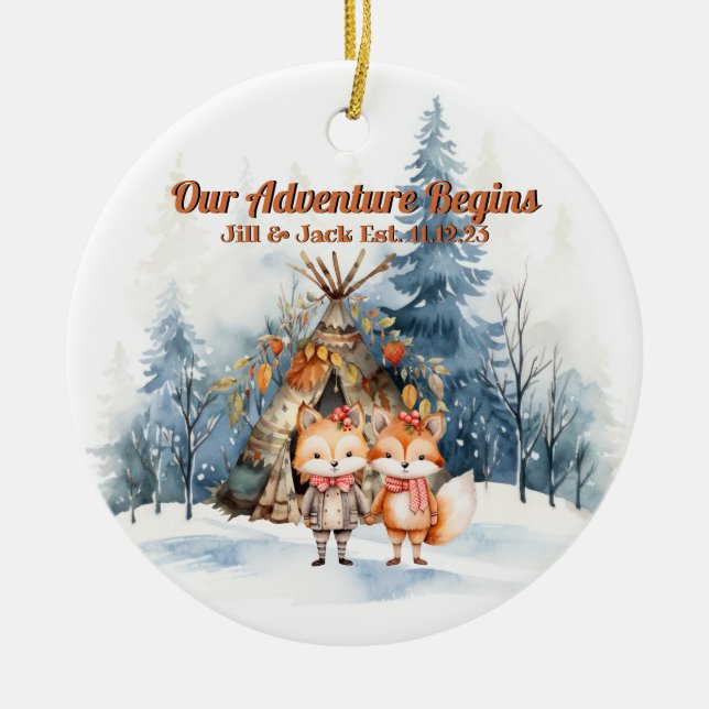 Weihnachtsgebirge Wasserfarbe Neuvermähltes Paar Keramik Ornament (Vorne)