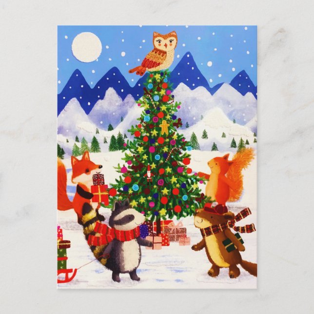 Weihnachtsgebirgsfamilie Woodland Animal Feiertagspostkarte (Vorderseite)