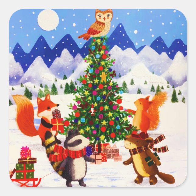 Weihnachtsgebirgsfamilie Woodland Animal Quadratischer Aufkleber (Vorderseite)