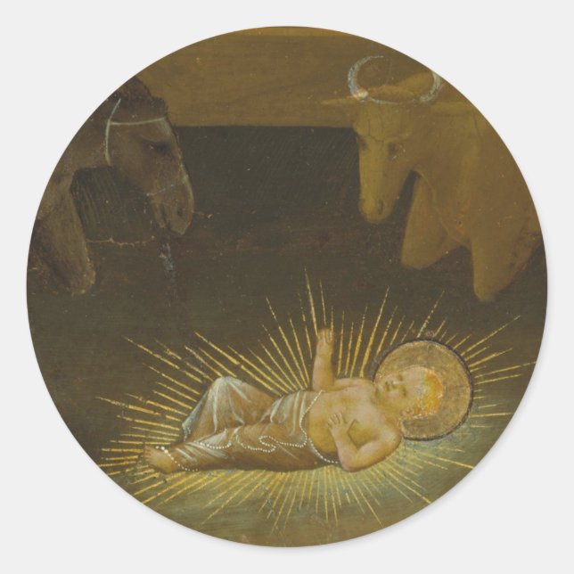 Weihnachtsgeburt Christi Kind mit Tieren Runder Aufkleber (Vorderseite)