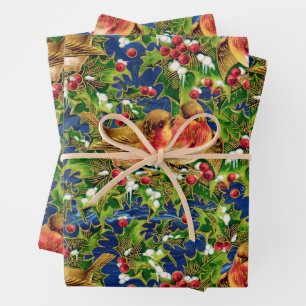 Weihnachtsgeburten Holly Imitate Gold Muster Geschenkpapier Set