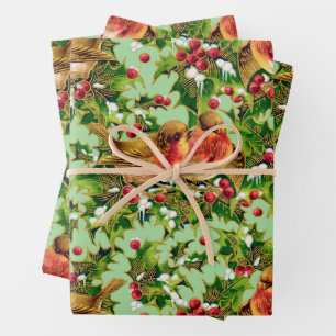 Weihnachtsgeburten Holly Imitate Gold Muster Geschenkpapier Set