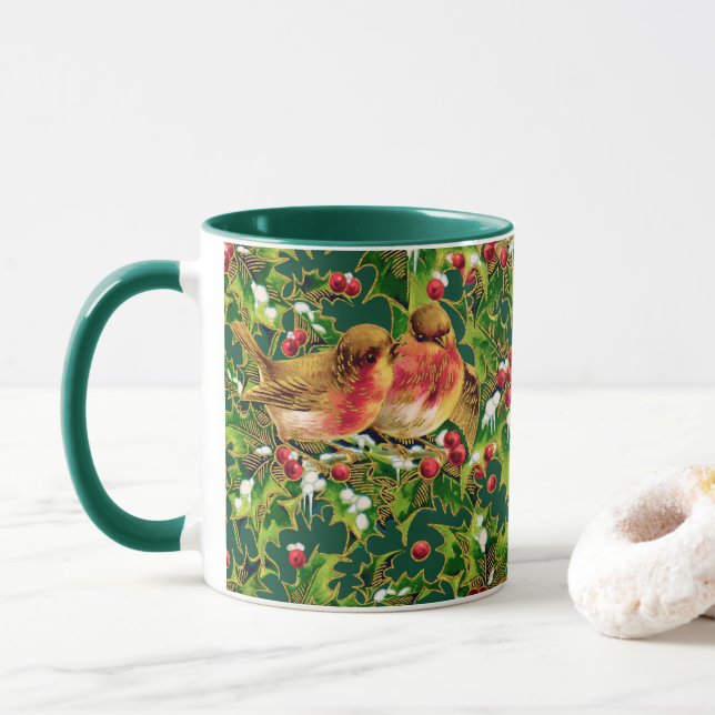 Weihnachtsgeburten Holly Imitate Gold Muster Tasse (Mit Donut)