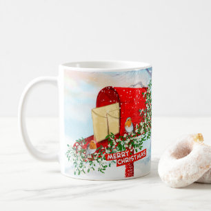 Weihnachtsgeburten im Winter und eine rote Postbox Kaffeetasse