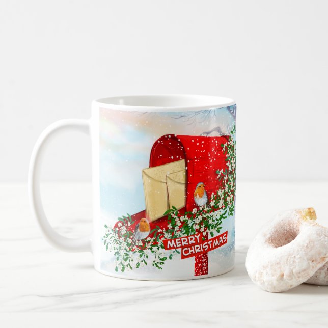 Weihnachtsgeburten im Winter und eine rote Postbox Kaffeetasse (Mit Donut)