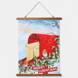 Weihnachtsgeburten Rote Post Box Schnee Winter Wandteppich Mit Holzrahmen