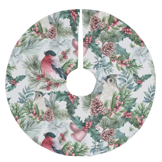 Weihnachtsgeburten und Pinien Blumenmuster Polyester Weihnachtsbaumdecke (Vorderseite)