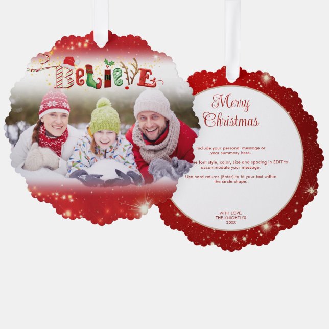 Weihnachtsgeist BELIEVE Foto Jahr Rot Ornament Karte (Vorderseite/Rückseite)