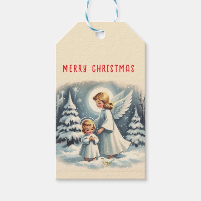 Weihnachtsgel, Kind und Vogel Geschenkanhänger (Vorderseite)