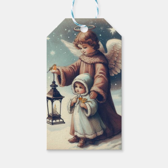 Weihnachtsgel , Kind und Vögel Geschenkanhänger (Vorderseite)