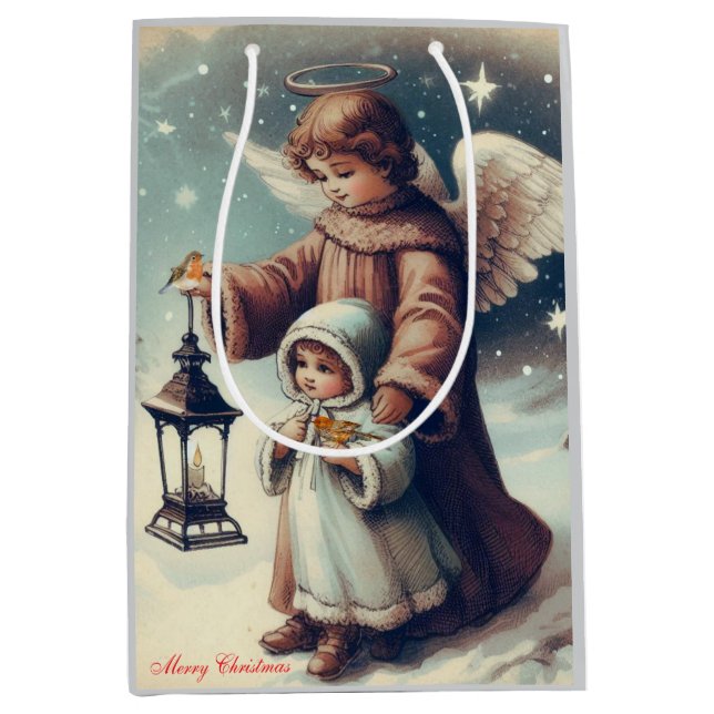 Weihnachtsgel , Kind und Vögel Mittlere Geschenktüte (Vorderseite)