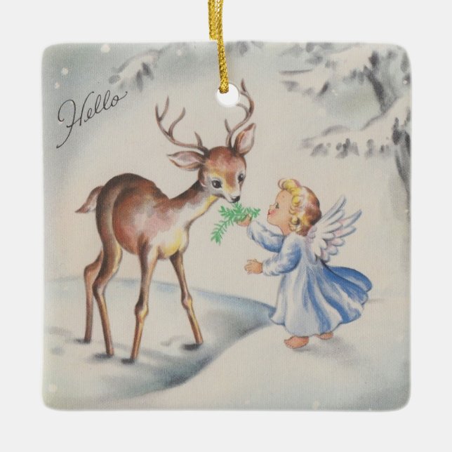 Weihnachtsgel mit Baby-Hirschbaum Keramikornament (Vorderseite)
