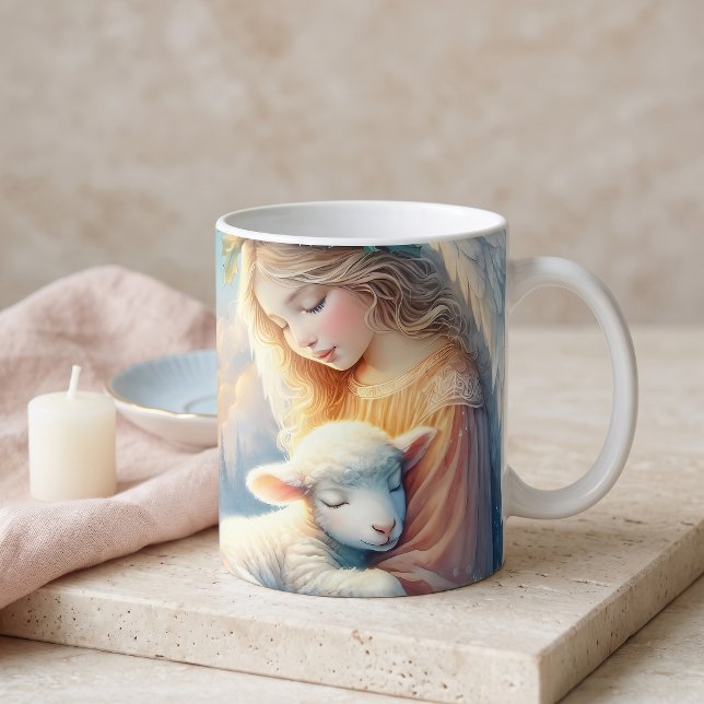 Weihnachtsgel mit Lamm im Winter Frieden Kaffeetasse (Christmas Angel with Lamb in Winter Peace Coffee Mug)