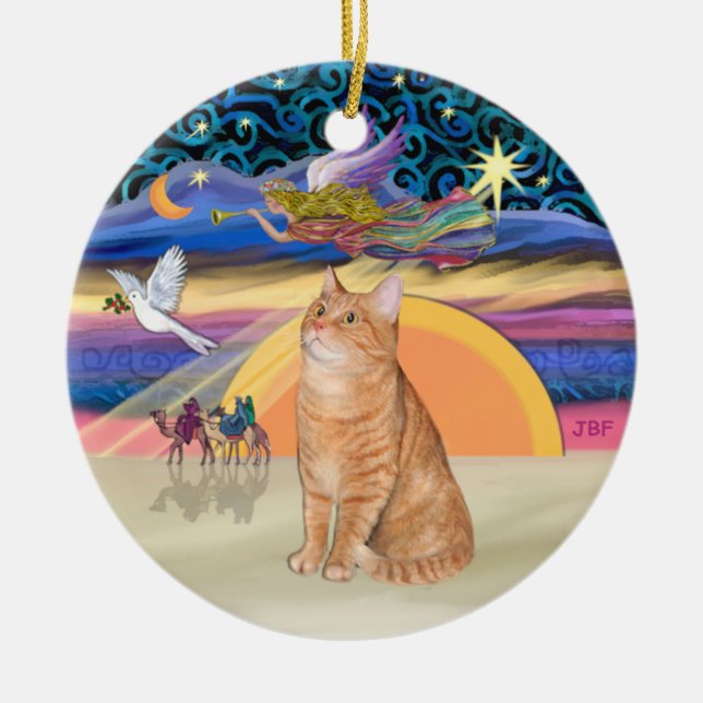 Weihnachtsgel - Orangefarbene Katze 40 Keramik Ornament (Vorne)