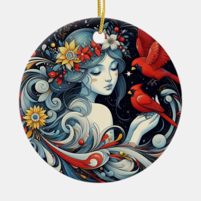 Weihnachtsgel und Kardinäle Keramik Ornament (Vorne)