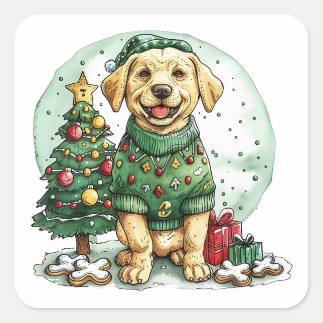 Weihnachtsgelber Labrador Retriever Hund Quadratischer Aufkleber (Vorderseite)