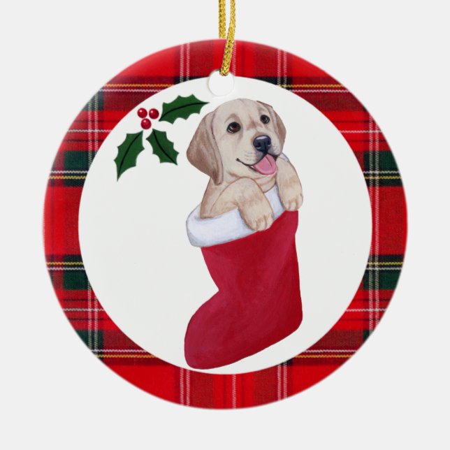 Weihnachtsgelber Labrador-WelpeTartan Keramikornament (Vorne)