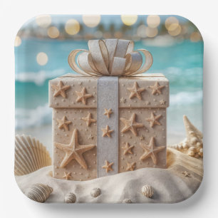 Weihnachtsgeschenk am Strand mit Starfish Pappteller