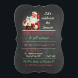 Weihnachtsgeschenk-Austausch Vintage Weihnachtskar Einladung<br><div class="desc">Weihnachtsgeschenk-Austausch-Party, Vintager Weihnachtsmann mit Geschenk/Geschenk, Chalkboard-Stil, santa Roter Anzug/Hut/Weißer Bart, Feiern der Saison, Feiertagsvorstellung, Rot/Grün/Beige Retrofarben, festliches/lustiges/einfaches Design, antike Illustration/Bild/digitale Collage, Vintag inspiriert/Stil/Look/Look/Look/Look/Look/Look/Look, vollständig anpassbare Textvorlage, grün-Muster, grün/Weiß/Weiß gestreift. Party-Design mit antiken Illustrationen des Weihnachtsmannes, in rotem Anzug, und die Worte "Feiern wir die Jahreszeit". Das Vintage-Bild wird auf schwarzem Chalkboard-Hintergrund...</div>