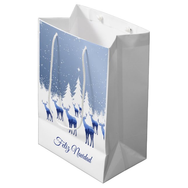 Weihnachtsgeschenk Beutel Blue Deer Feliz Navidad Mittlere Geschenktüte (Vorderseite Schrägansicht)