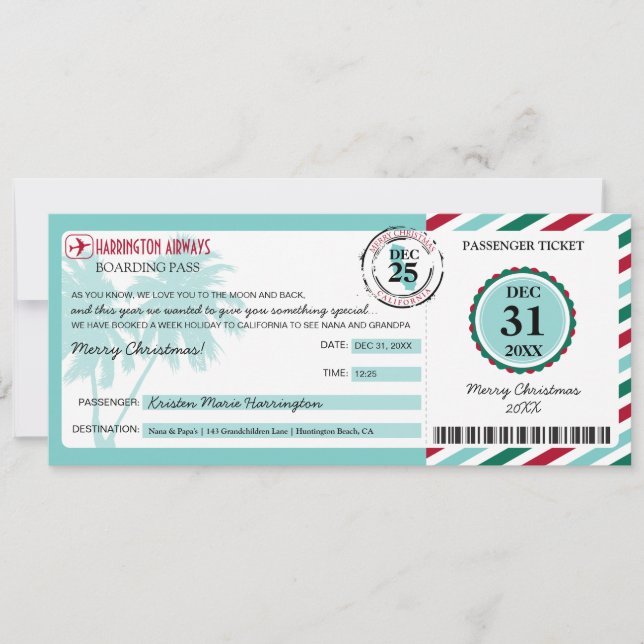 Weihnachtsgeschenk Boarding Pass für Kalifornien Einladung (Vorderseite)