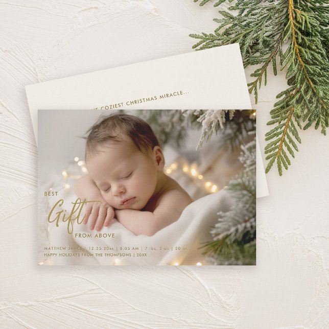 Weihnachtsgeschenk Calligraphy Gold Baby Foto Ankündigung (christmas family card baby announcement best gift calligraphy simple elegant modern gold)