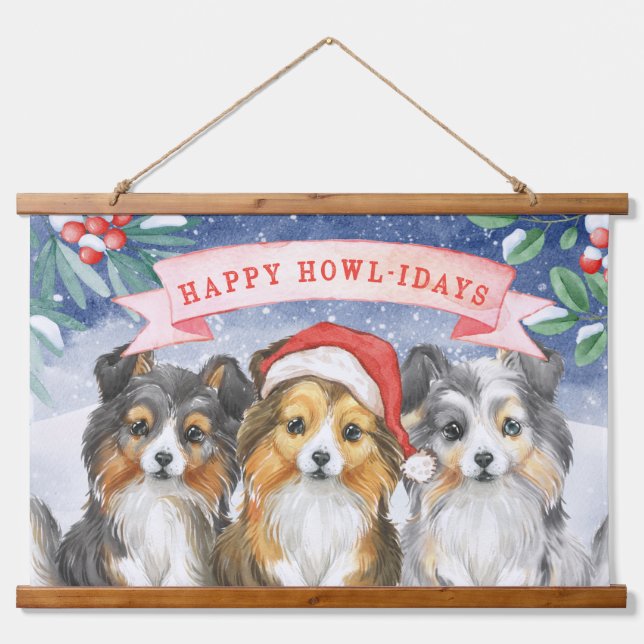 Weihnachtsgeschenk im Wasserfarben Happy Howlidays Wandteppich Mit Holzrahmen (Vorne)