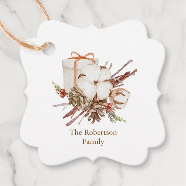 Weihnachtsgeschenk mit Cotton Bouquet Geschenkanhänger (Vorderseite)