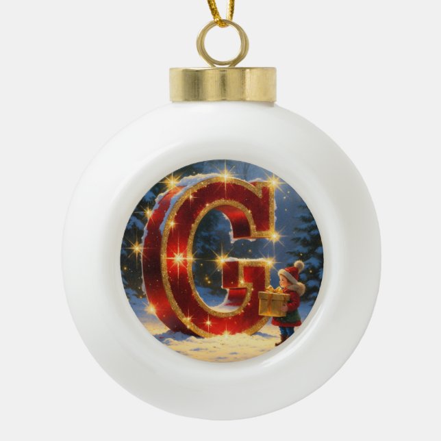 Weihnachtsgeschenk mit personalisierter Initiale G Keramik Kugel-Ornament (Vorderseite)