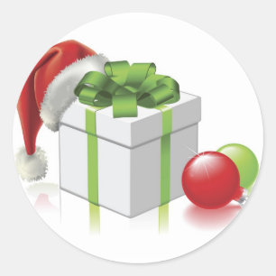 Weihnachtsgeschenk mit Weihnachtsmannmütze und Bau Runder Aufkleber