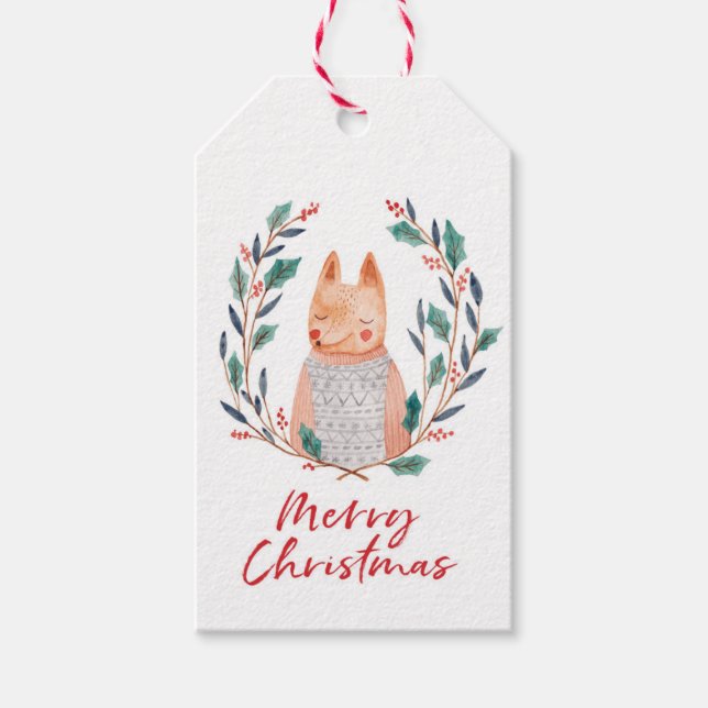 Weihnachtsgeschenk Tags Aquarellfuchs und Kranz Geschenkanhänger (Vorderseite)
