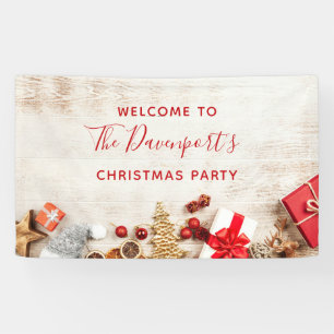 Weihnachtsgeschenkartikel auf einem Party aus Holz Banner