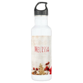 Weihnachtsgeschenkartikel auf einem rustikalen Hol Edelstahlflasche