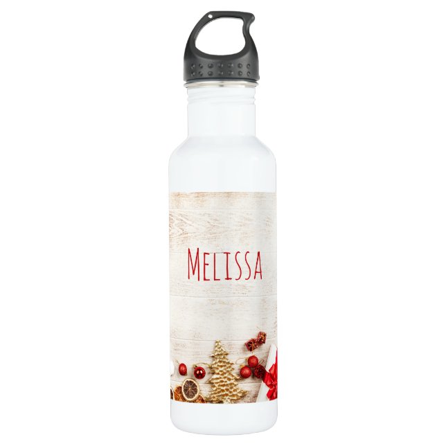 Weihnachtsgeschenkartikel auf einem rustikalen Hol Edelstahlflasche (Vorderseite)