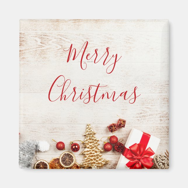 Weihnachtsgeschenkartikel auf einem rustikalen Hol Magnet (Vorne)