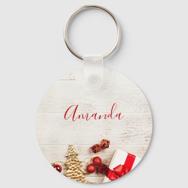 Weihnachtsgeschenkartikel auf einem rustikalen Hol Schlüsselanhänger (Vorderseite)