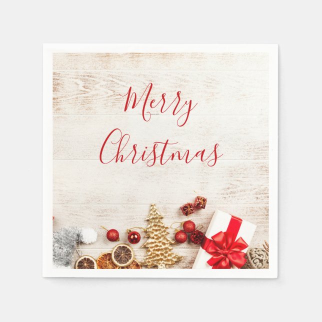 Weihnachtsgeschenkartikel auf einem rustikalen Hol Serviette (Vorderseite)