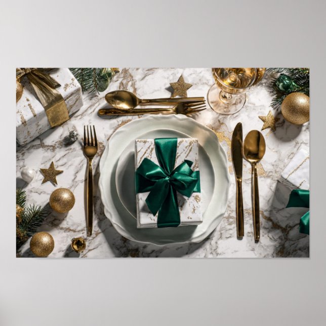 Weihnachtsgeschenkbox mit grünem Band auf festlich Poster (Vorne)