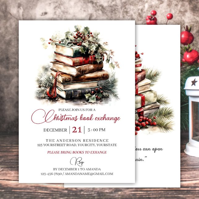 Weihnachtsgeschenkbuch-Party Einladung (Christmas gift book exchange party invitation watercolor book art for book lovers)