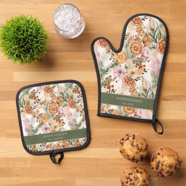Weihnachtsgeschenke für Mama Winter Zitrusfrüchte  Ofenhandschuh & Topflappen-Set (Oben Unten)