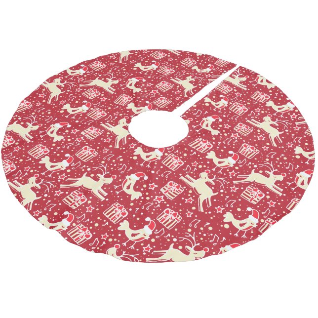 Weihnachtsgeschenke für Rentiere und Vögel Rote Cr Polyester Weihnachtsbaumdecke (Schrägansicht)