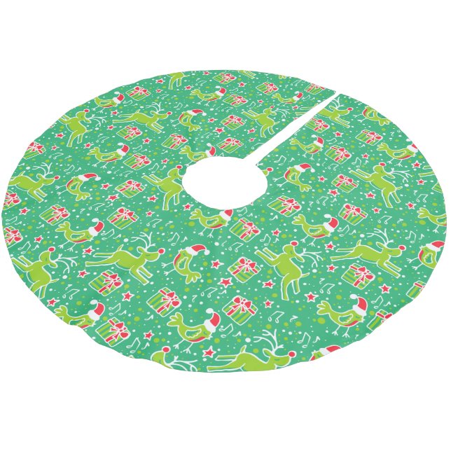 Weihnachtsgeschenke für Rentiere und Vögel Roter R Polyester Weihnachtsbaumdecke (Schrägansicht)