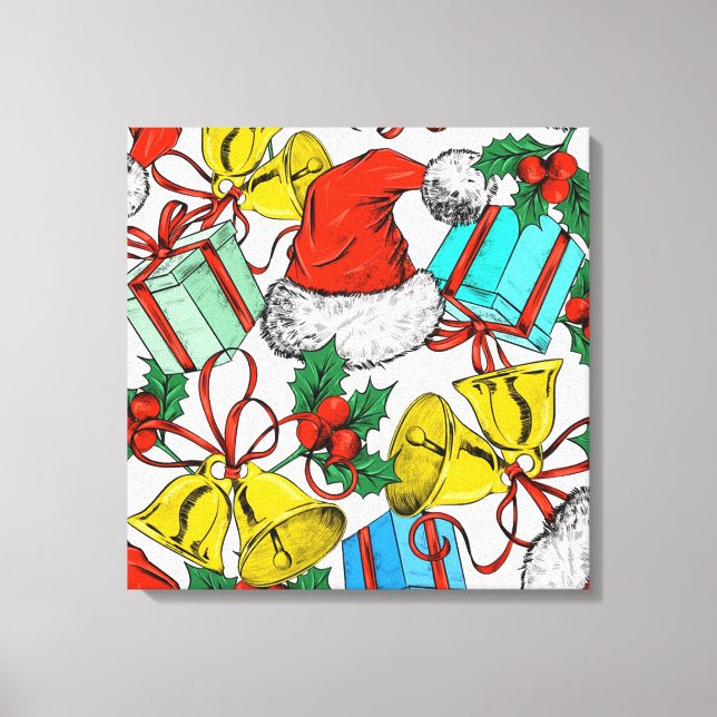 Weihnachtsgeschenke, Geschenke und Glocken Leinwanddruck (Vorderseite)