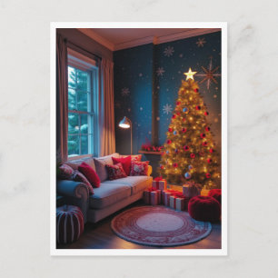 Weihnachtsgeschenke im Wohnzimmer mit warmer Retro Postkarte