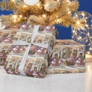 Weihnachtsgeschenke im Wohnzimmer vintage verpackt Geschenkpapier